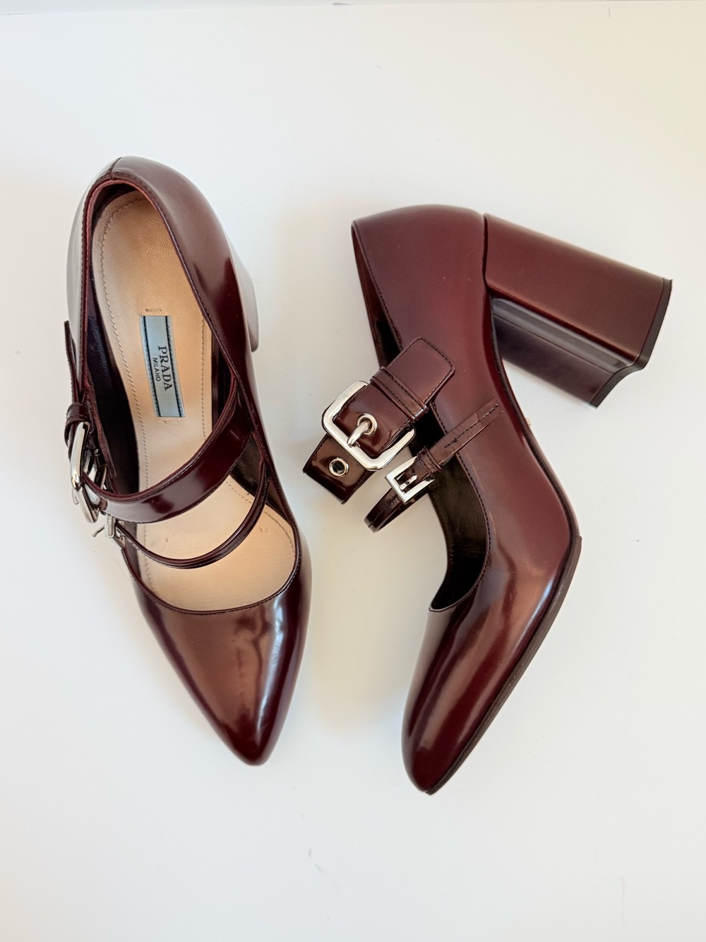 Prada Spazzolato Fumé Leather Double Strap Mary Jane Block Heel Pumps EU 39.5
